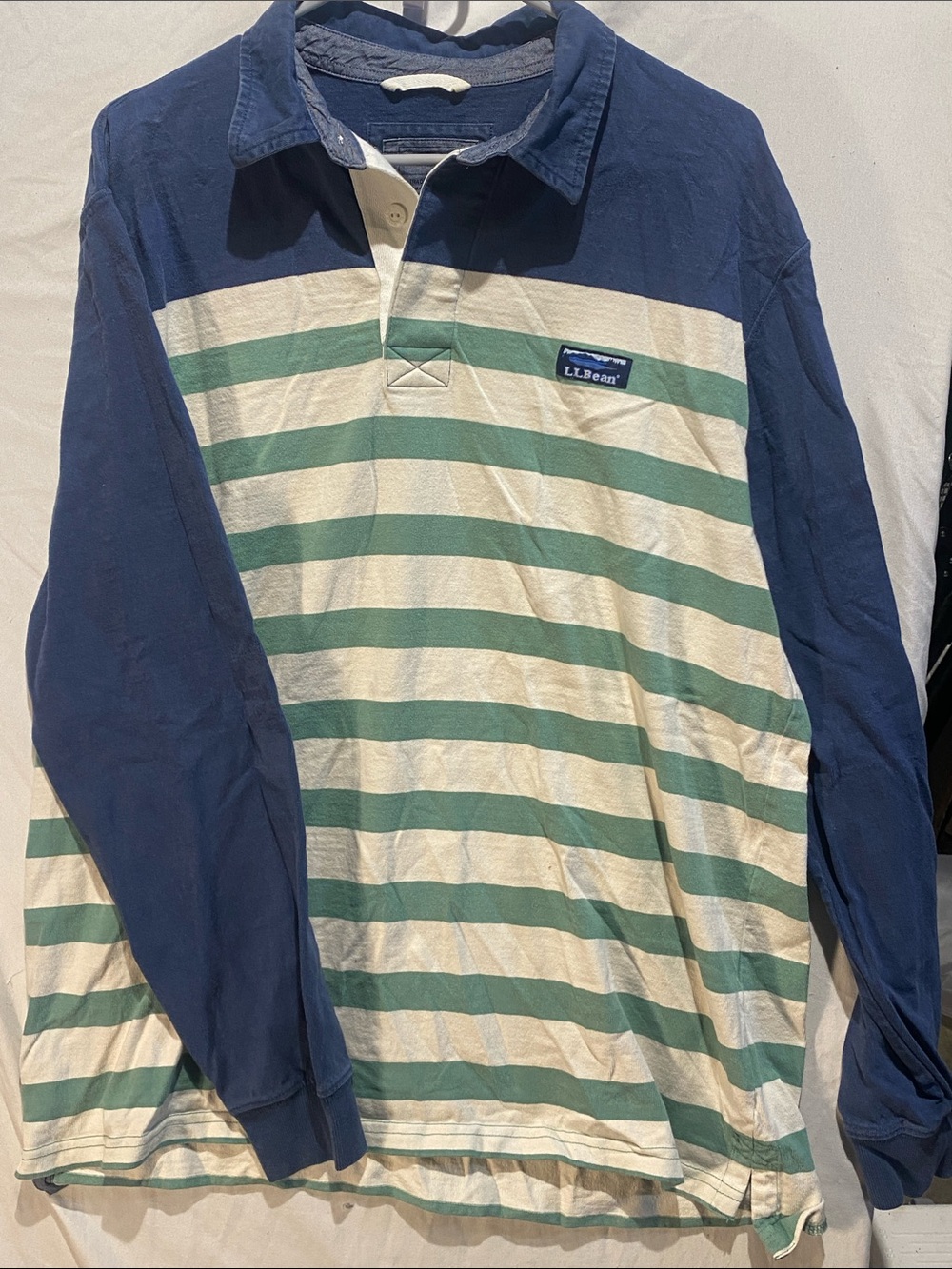 L.L. Bean Navy, Cream & Green Striped Rugby Polo